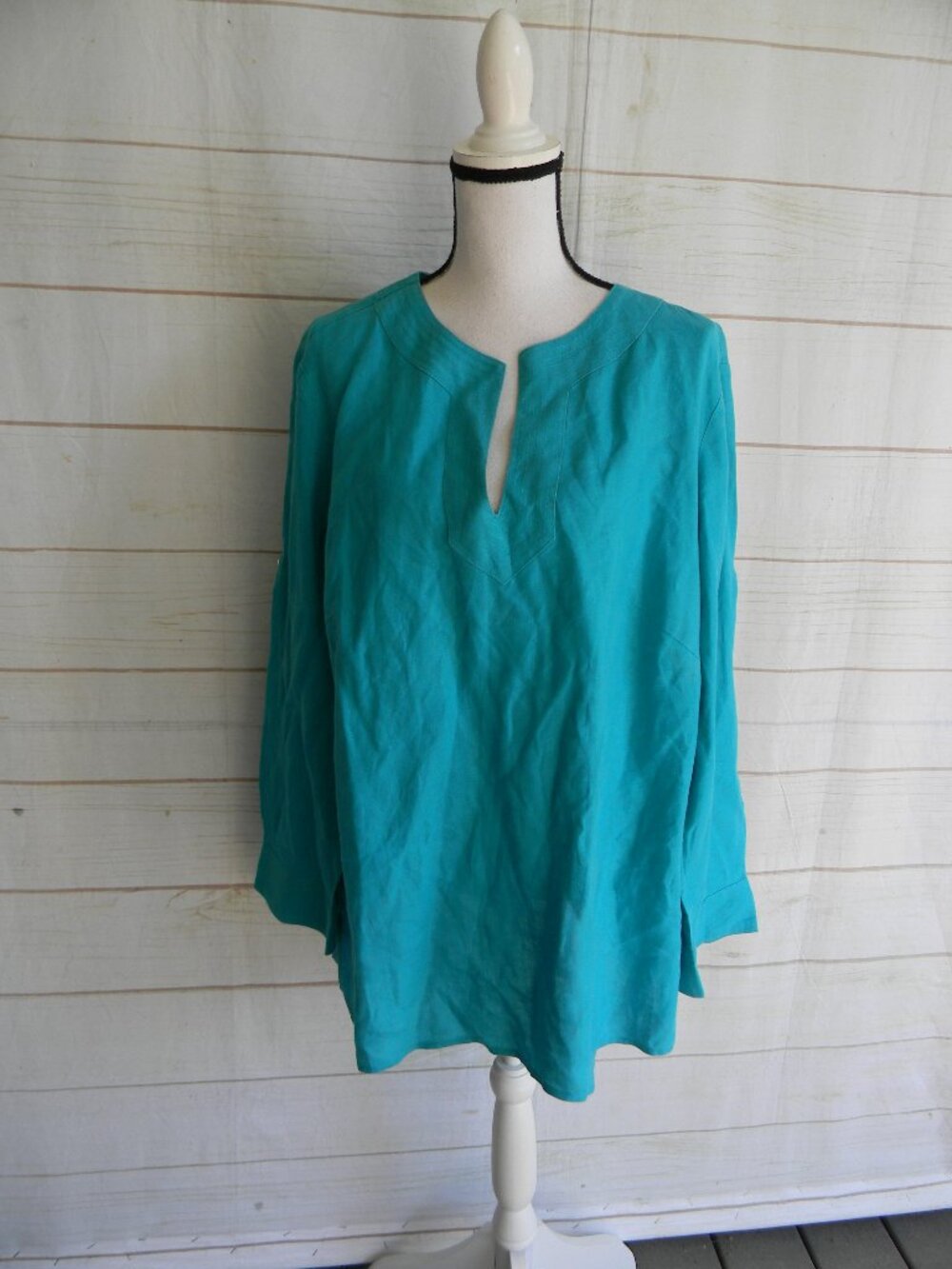 LAUREN RALPH LAUREN Sz 1X TURQUOISE V-NECK 100% LINEN ROLL-TAB SLV TUNIC RESORT